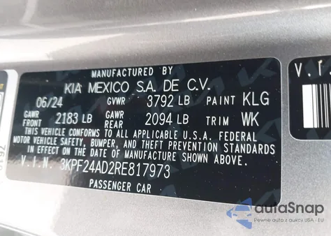 2024 Kia Forte Lxs z USA, uszkodzony, nr VIN 3KPF24AD2RE817973